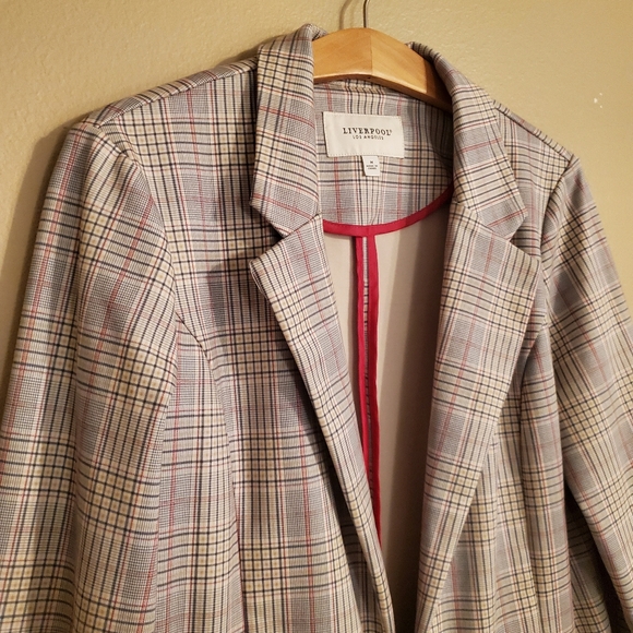 LIVERPOOL Los Angeles Gray White Glen Plaid Knit Open Front Boyfriend Blazer M - Picture 3 of 12